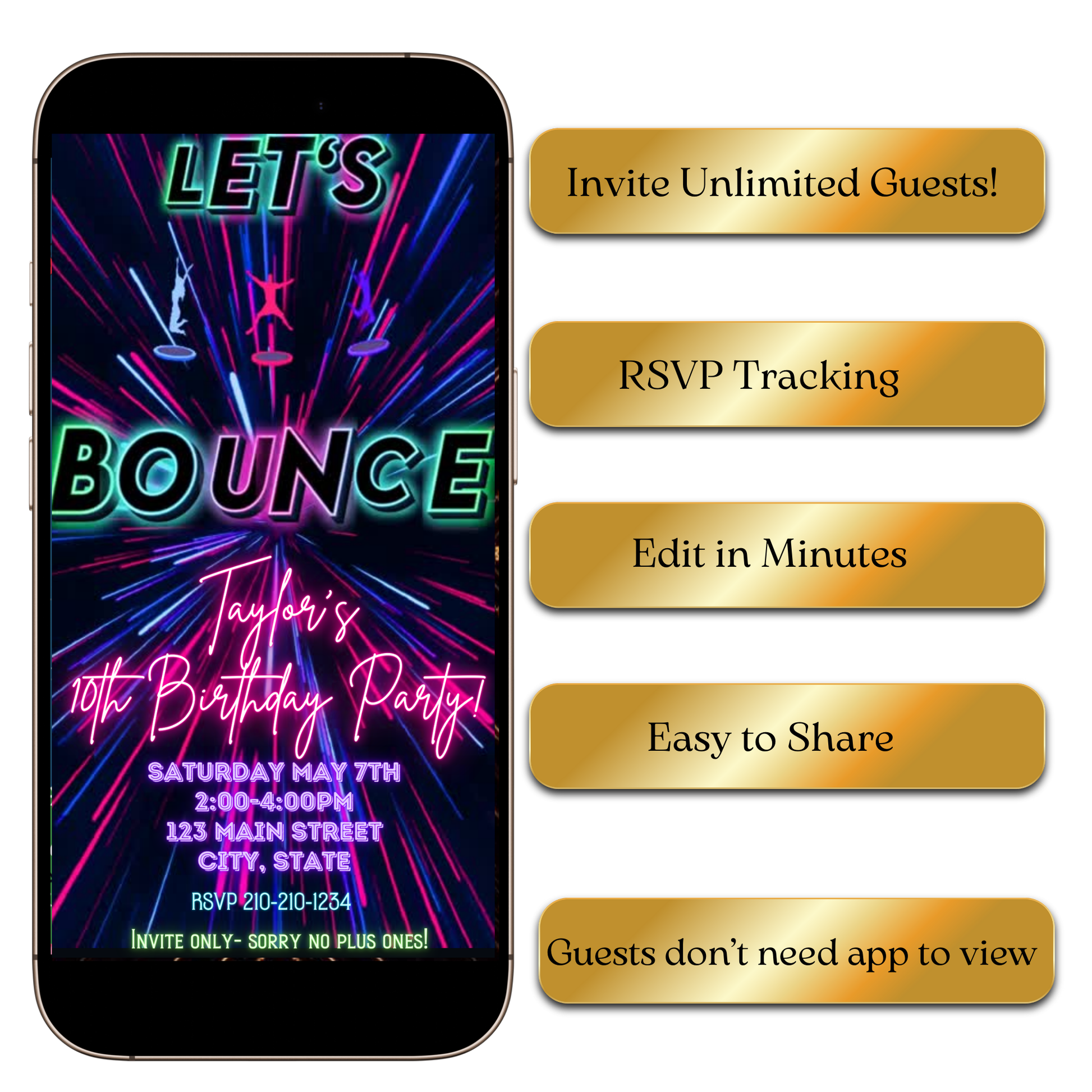 Bright and colorful Let’s Bounce birthday video invite shared on WhatsApp