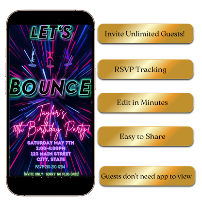 Bright and colorful Let’s Bounce birthday video invite shared on WhatsApp