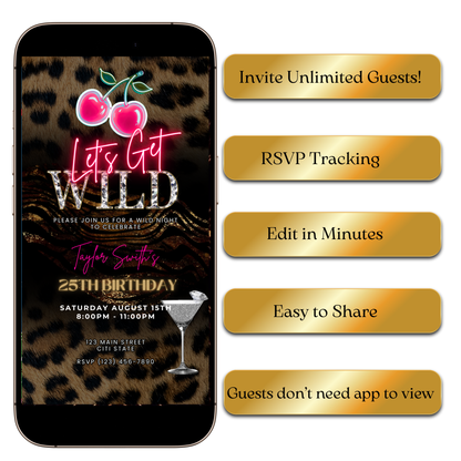 Lets Get Wild Leopard Print Birthday Dinner Video Invitation – Safari Glam Animated Evite for Mobile Sharing