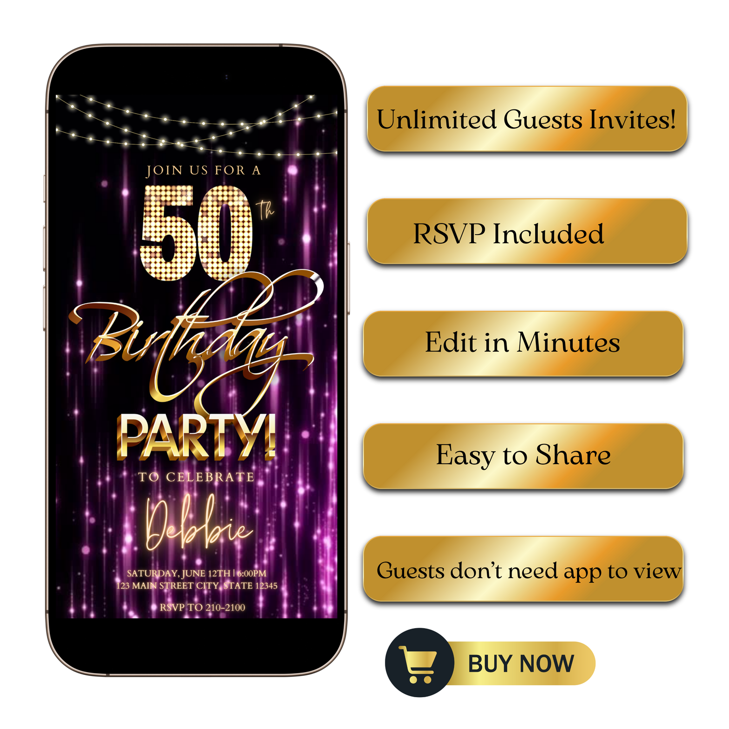 Editable purple gold glam 50th birthday party video invitation displayed on a mobile phone, featuring an animated vertical digital invite with music, created in Canva. This premium video invitation template is designed for sharing by text, email, and social media and works with an interactive RSVP website for easy guest response tracking.