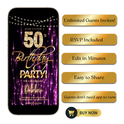 Editable purple gold glam 50th birthday party video invitation displayed on a mobile phone, featuring an animated vertical digital invite with music, created in Canva. This premium video invitation template is designed for sharing by text, email, and social media and works with an interactive RSVP website for easy guest response tracking.