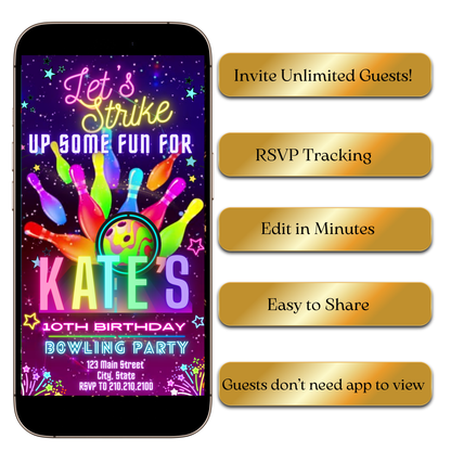 Digital Glow Bowling Theme Video Invitation MP4 Invite