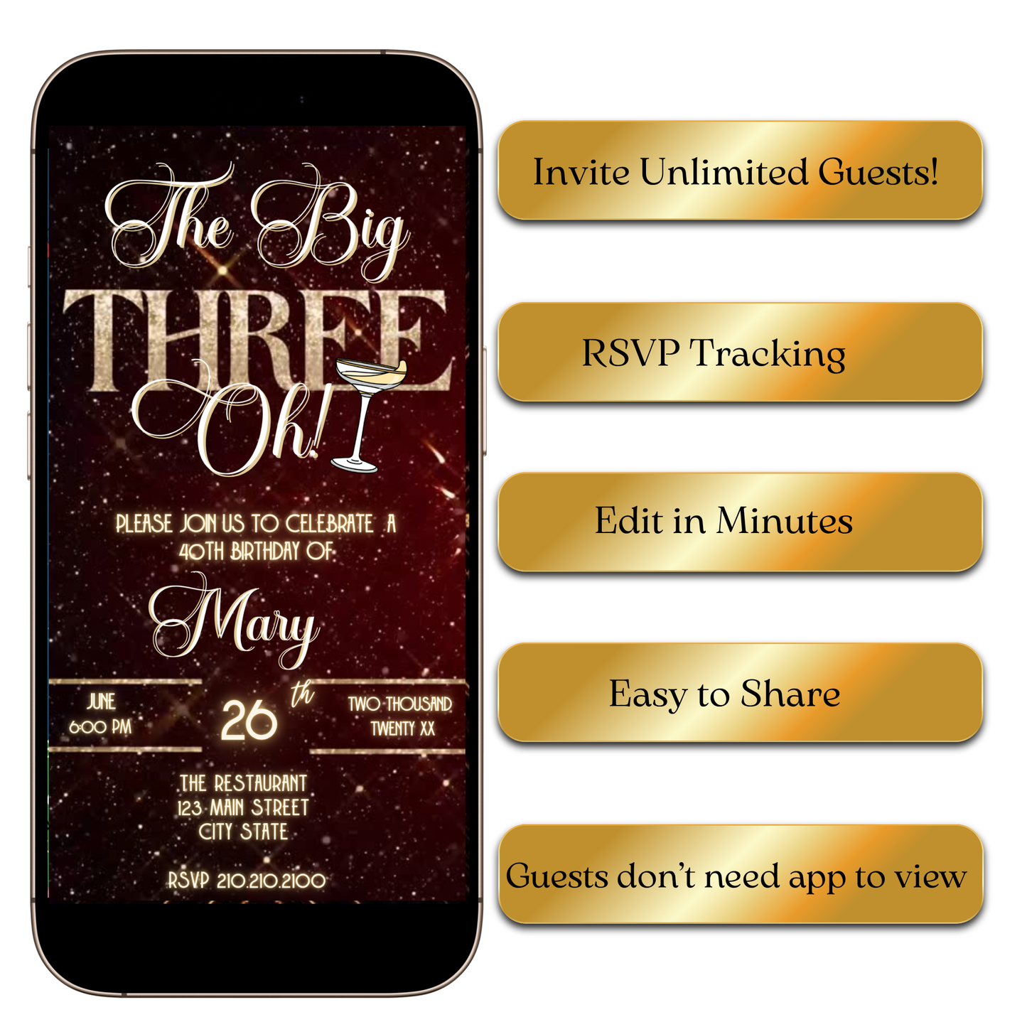 Digital Gold Glam Milestone Video Invitation MP4 Invite