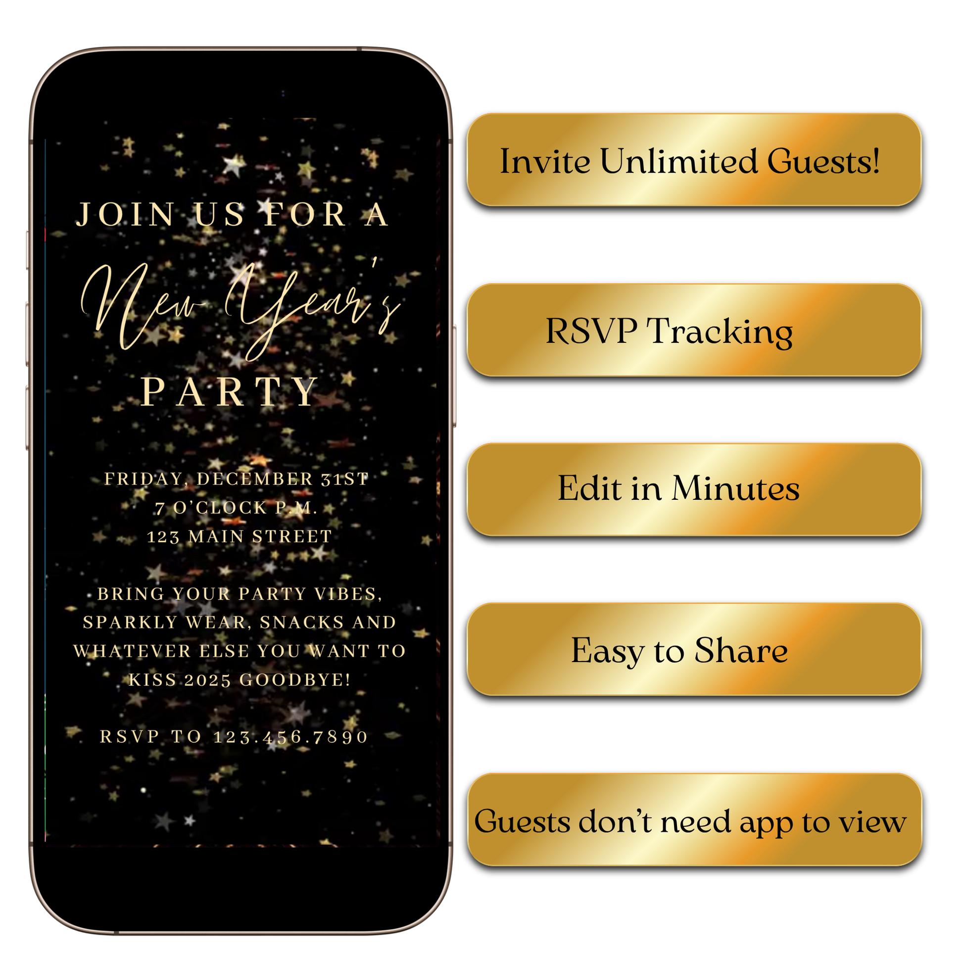 Editable sparkle NYE video invite template with stars