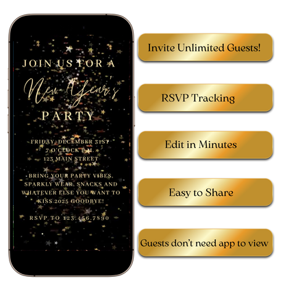 Editable sparkle NYE video invite template with stars
