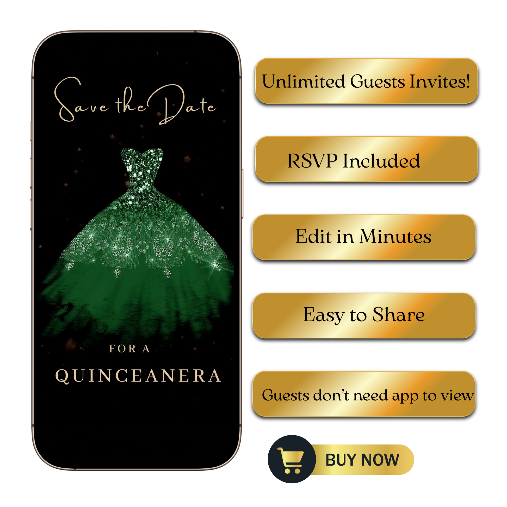 Editable emerald green quinceañera video invitation displayed on a mobile phone, featuring an animated vertical digital invite with music, created in Canva. This premium video invitation template is designed for sharing by text, email, and social media and works with an interactive RSVP website for easy guest response tracking.