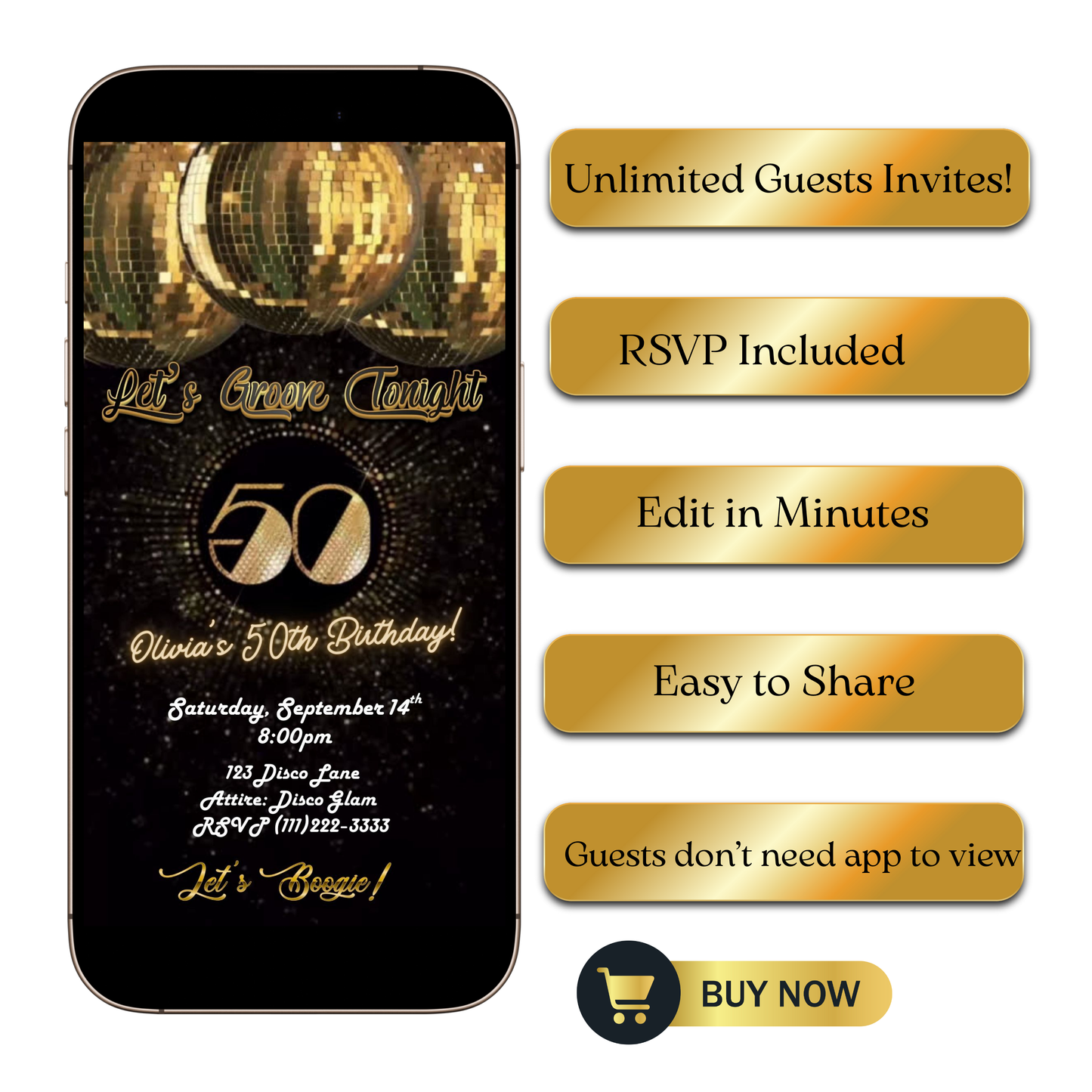 Editable gold disco 50th birthday video invitation displayed on a mobile phone, featuring an animated vertical digital invite with music, created in Canva. This premium video invitation template is designed for sharing by text, email, and social media and works with an interactive RSVP website for easy guest response tracking.