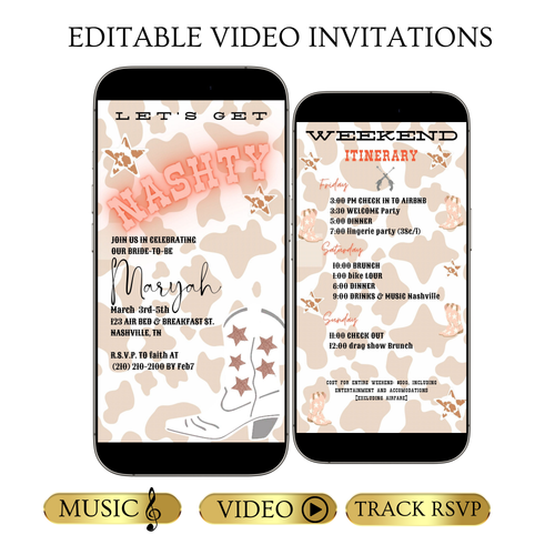 Editable cowgirl nashville bachelorette party party video invitation displayed on a mobile phone, featuring an animated vertical digital invite with music, created in Canva. This premium video invitation template is designed for sharing by text, email, and social media and works with an interactive RSVP website for easy guest response tracking.