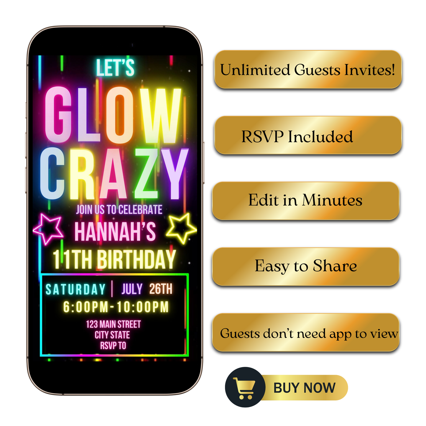 Editable glow crazy 11th birthday video invitation displayed on a mobile phone, featuring an animated vertical digital invite with music, created in Canva. This premium video invitation template is designed for sharing by text, email, and social media and works with an interactive RSVP website for easy guest response tracking.