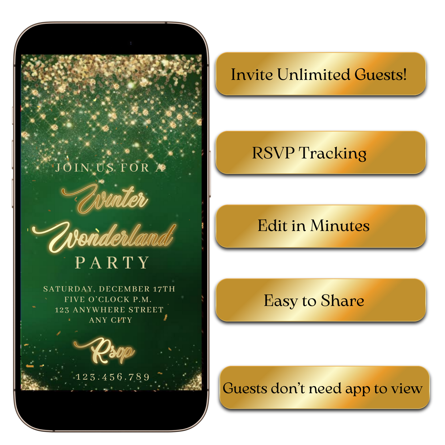 Emerald and Gold MP4 party video invitation preview on laptop