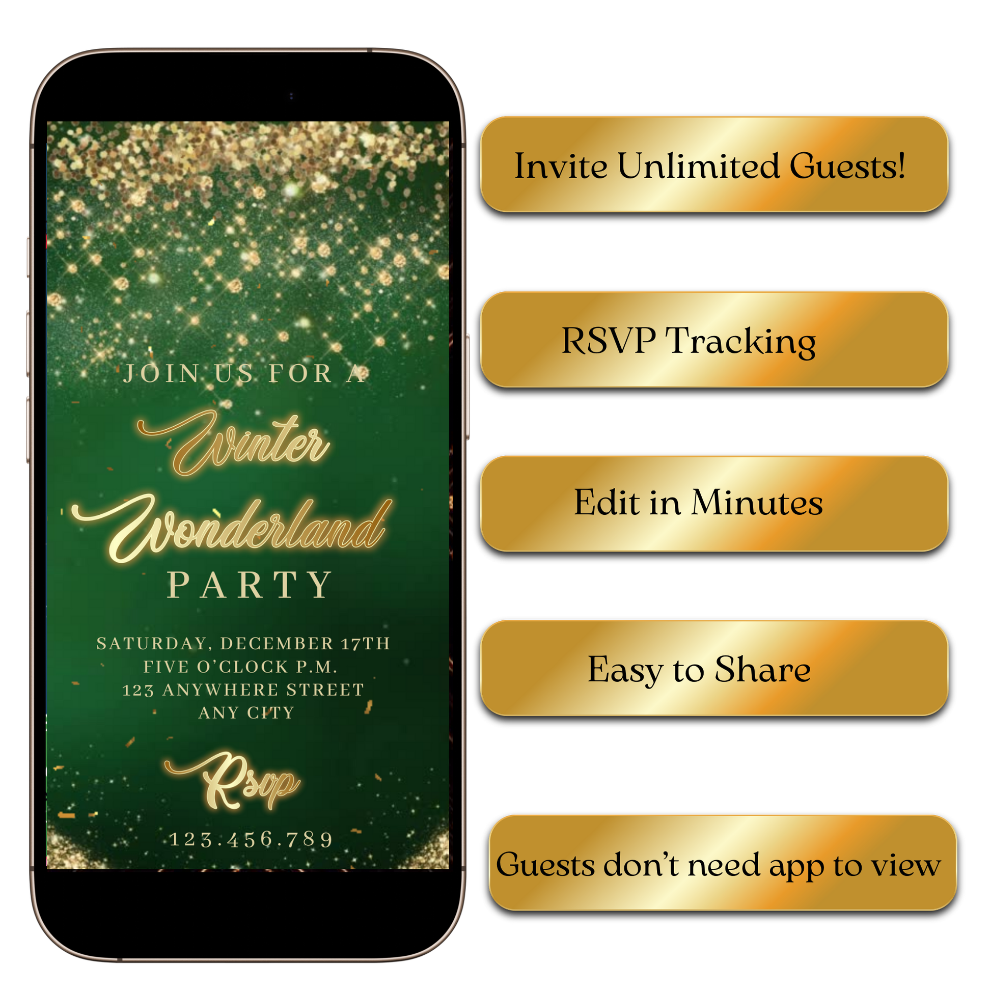 Emerald and Gold MP4 party video invitation preview on laptop