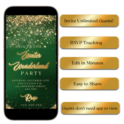 Emerald and Gold MP4 party video invitation preview on laptop