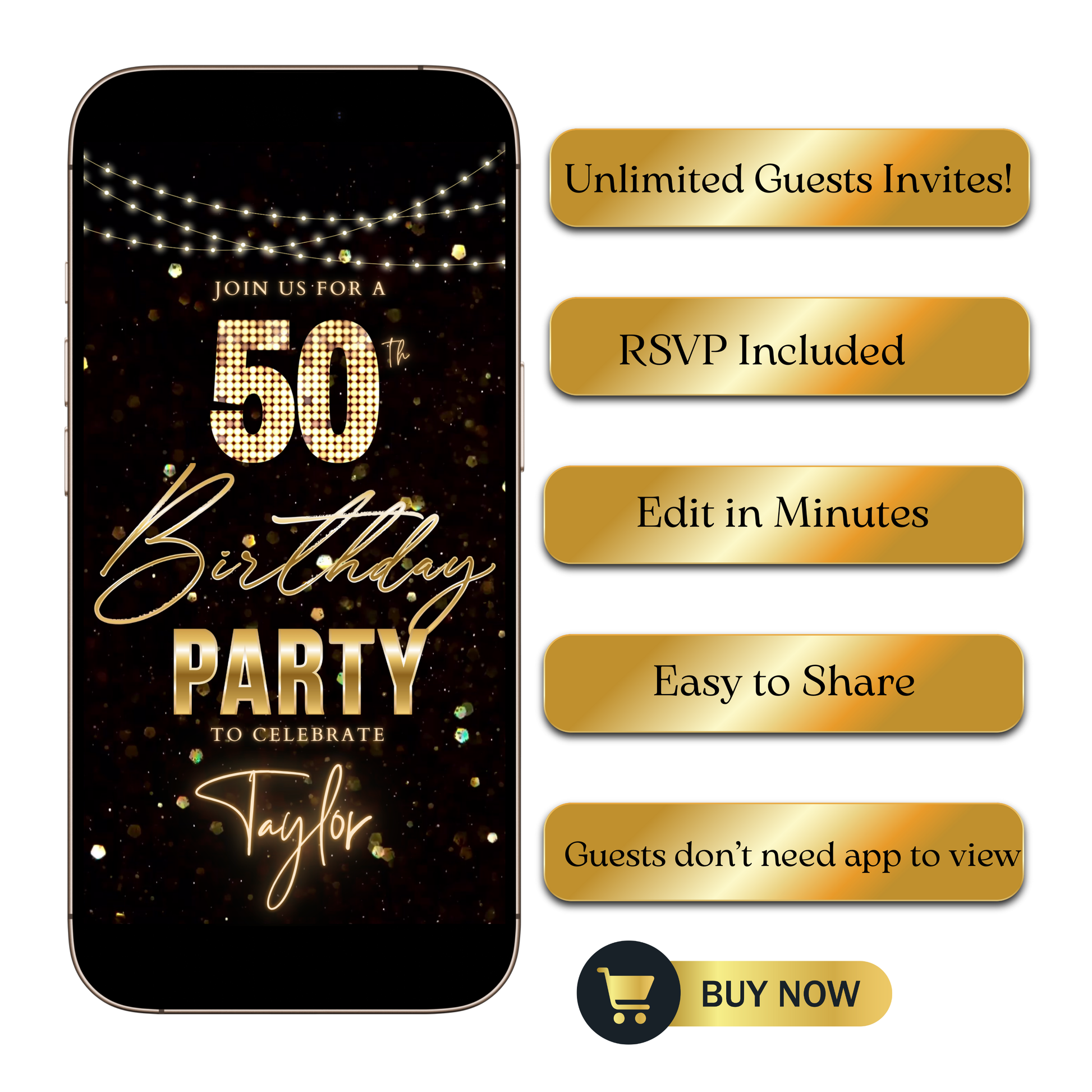 Editable black gold glitter lights 50th birthday video invitation displayed on a mobile phone, featuring an animated vertical digital invite with music, created in Canva. This premium video invitation template is designed for sharing by text, email, and social media and works with an interactive RSVP website for easy guest response tracking.