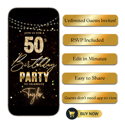 Editable black gold glitter lights 50th birthday video invitation displayed on a mobile phone, featuring an animated vertical digital invite with music, created in Canva. This premium video invitation template is designed for sharing by text, email, and social media and works with an interactive RSVP website for easy guest response tracking.