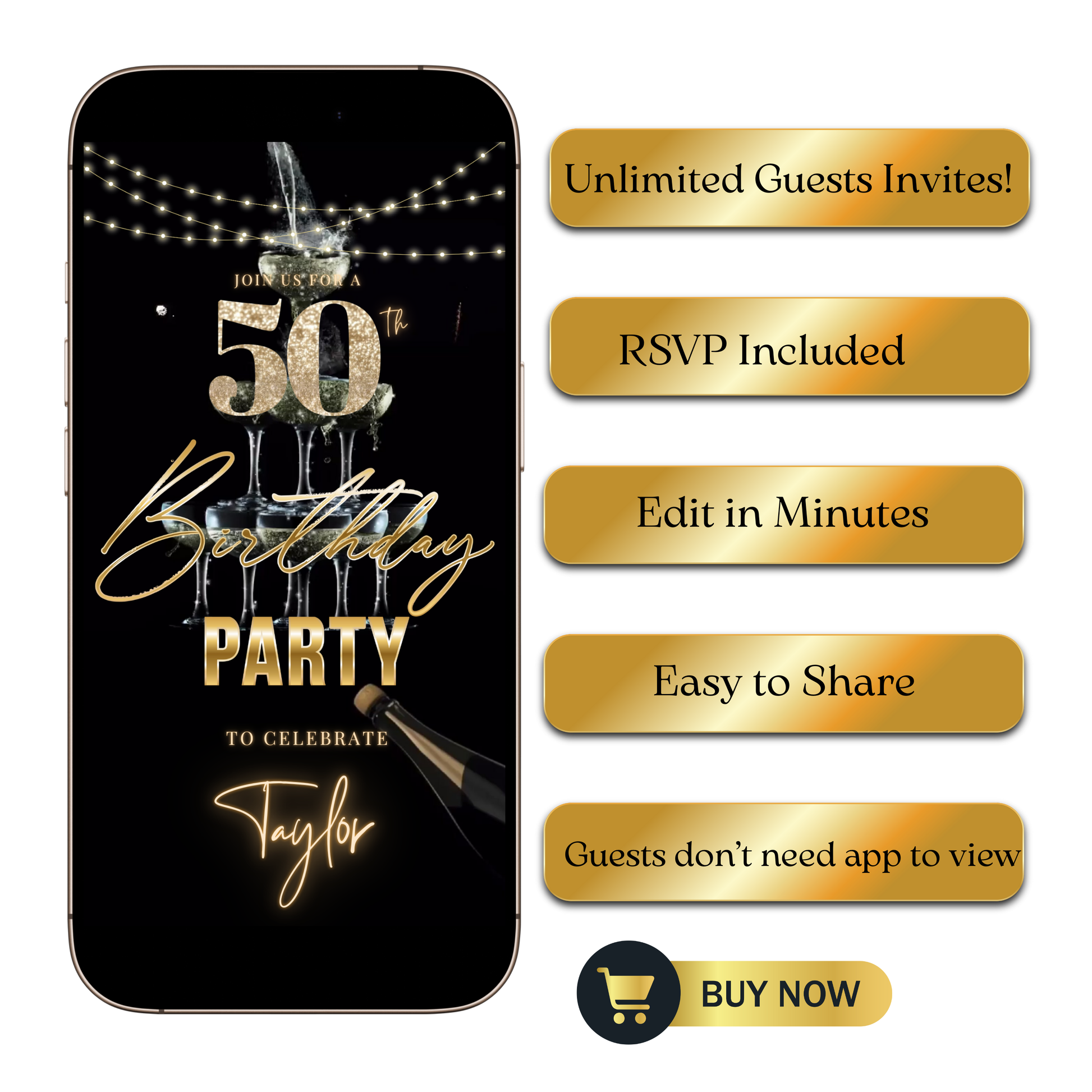 Editable black gold champagne tower 50th birthday video invitation displayed on a mobile phone, featuring an animated vertical digital invite with music, created in Canva. This premium video invitation template is designed for sharing by text, email, and social media and works with an interactive RSVP website for easy guest response tracking.