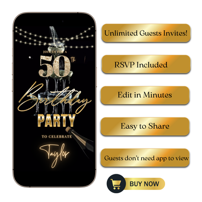 Editable black gold champagne tower 50th birthday video invitation displayed on a mobile phone, featuring an animated vertical digital invite with music, created in Canva. This premium video invitation template is designed for sharing by text, email, and social media and works with an interactive RSVP website for easy guest response tracking.
