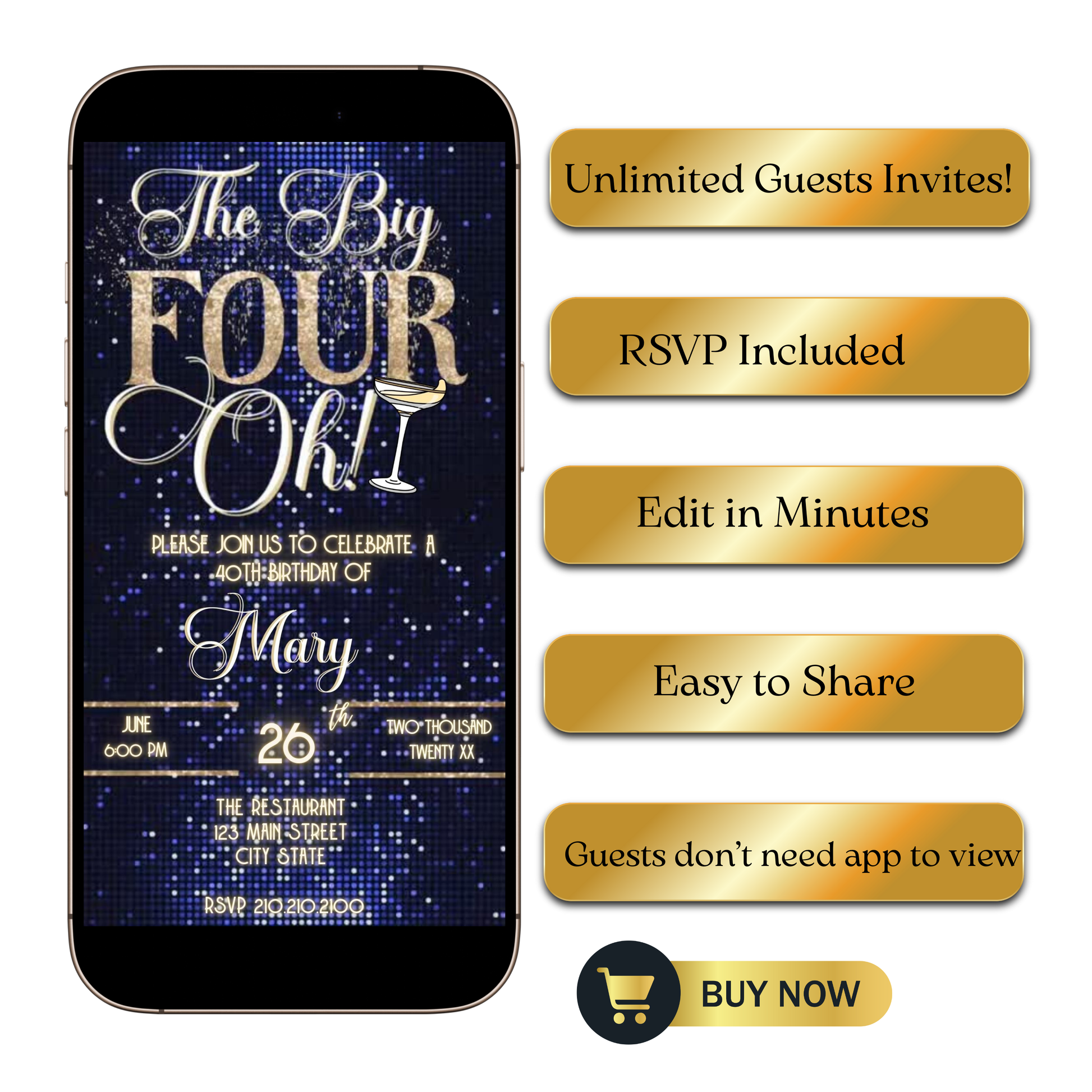 Editable blue gold 40th birthday video invitation displayed on a mobile phone, featuring an animated vertical digital invite with music, created in Canva. This premium video invitation template is designed for sharing by text, email, and social media and works with an interactive RSVP website for easy guest response tracking.