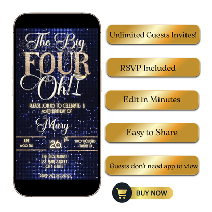 Editable blue gold 40th birthday video invitation displayed on a mobile phone, featuring an animated vertical digital invite with music, created in Canva. This premium video invitation template is designed for sharing by text, email, and social media and works with an interactive RSVP website for easy guest response tracking.