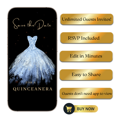 Editable light blue sparkly dress Quinceañera video invitation displayed on a mobile phone, featuring an animated vertical digital invite with music, created in Canva. This premium video invitation template is designed for sharing by text, email, and social media and works with an interactive RSVP website for easy guest response tracking.