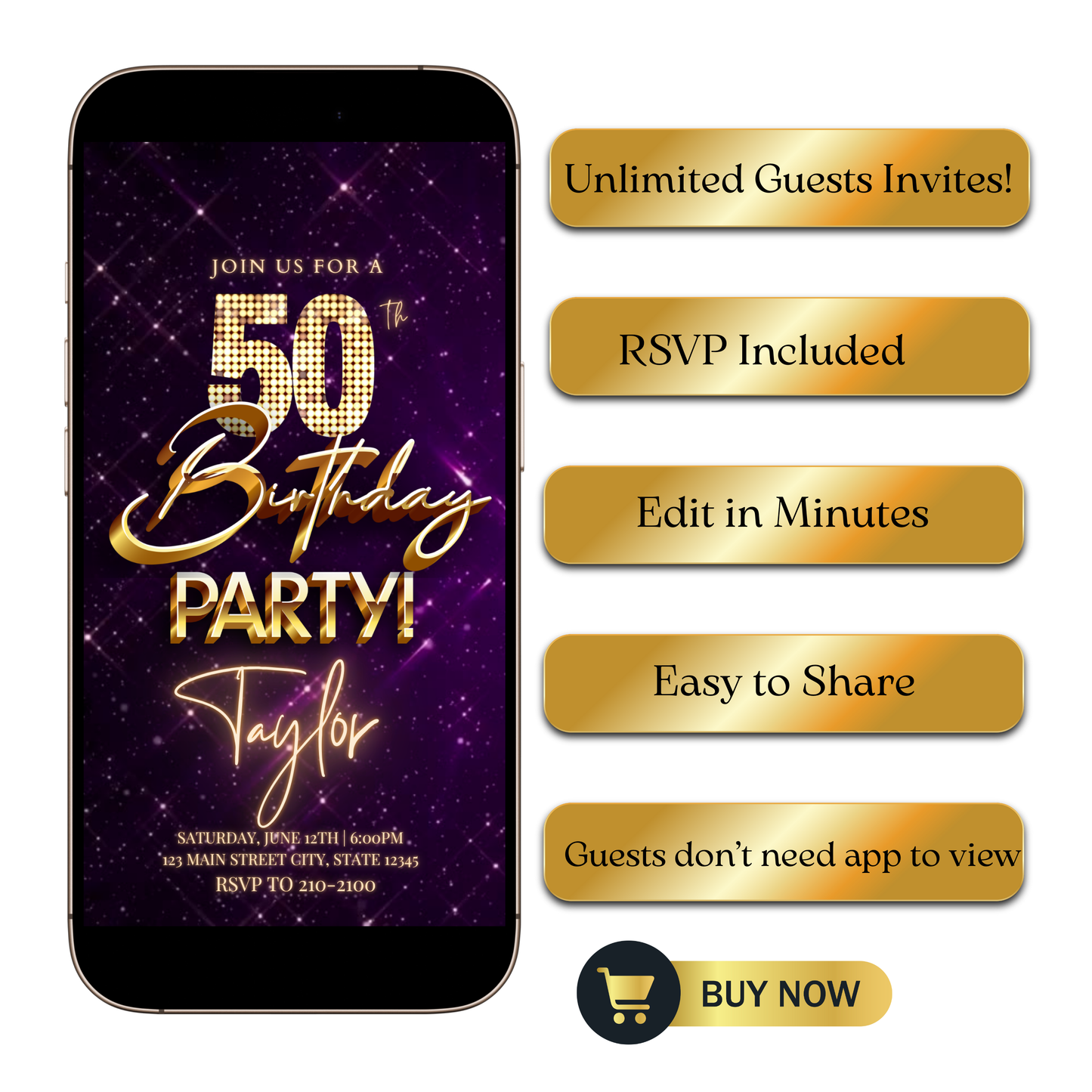 Editable purple gold sparkle 50th birthday video invitation displayed on a mobile phone, featuring an animated vertical digital invite with music, created in Canva. This premium video invitation template is designed for sharing by text, email, and social media and works with an interactive RSVP website for easy guest response tracking.