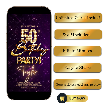 Editable purple gold sparkle 50th birthday video invitation displayed on a mobile phone, featuring an animated vertical digital invite with music, created in Canva. This premium video invitation template is designed for sharing by text, email, and social media and works with an interactive RSVP website for easy guest response tracking.