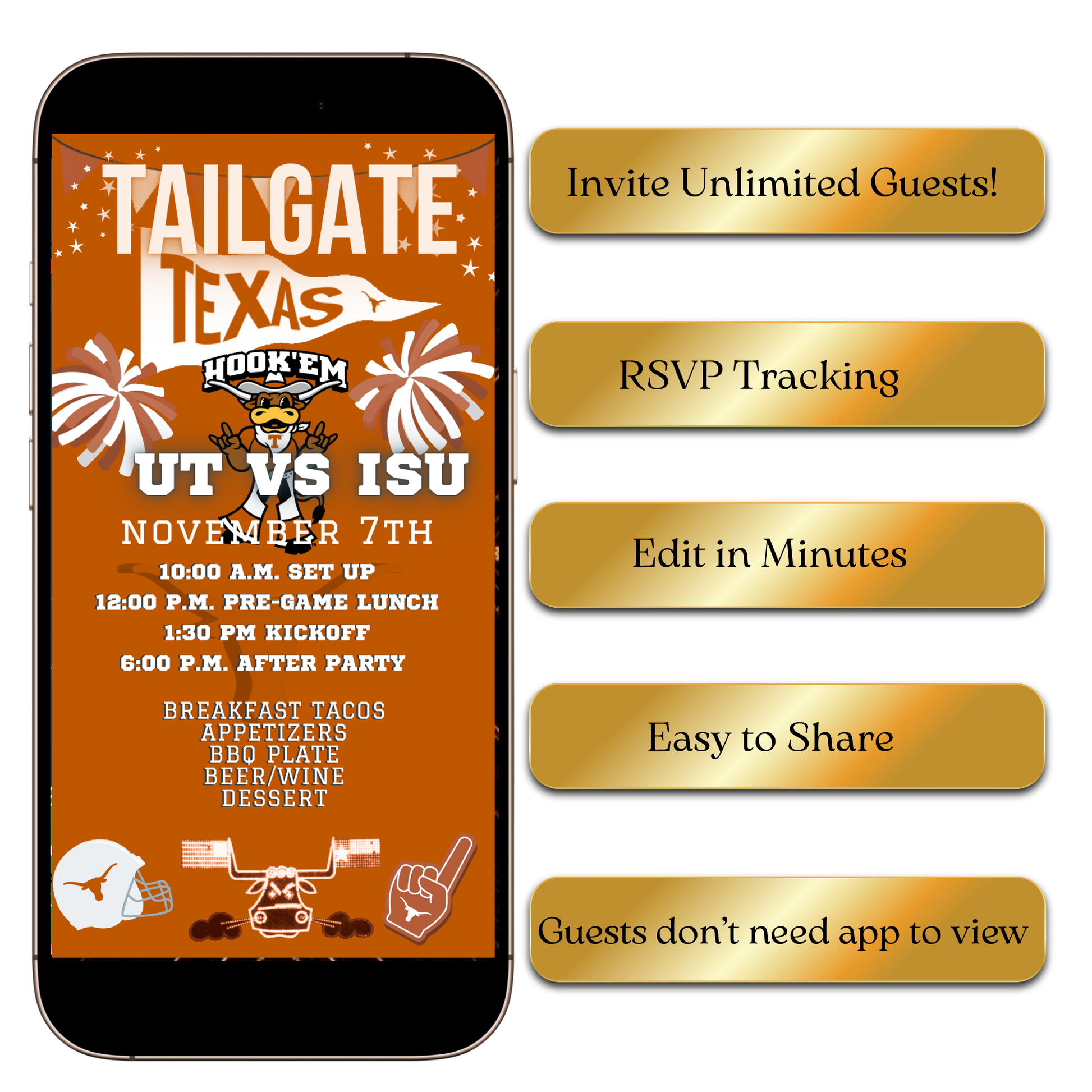 Hook'em Horns UT football video invite editable