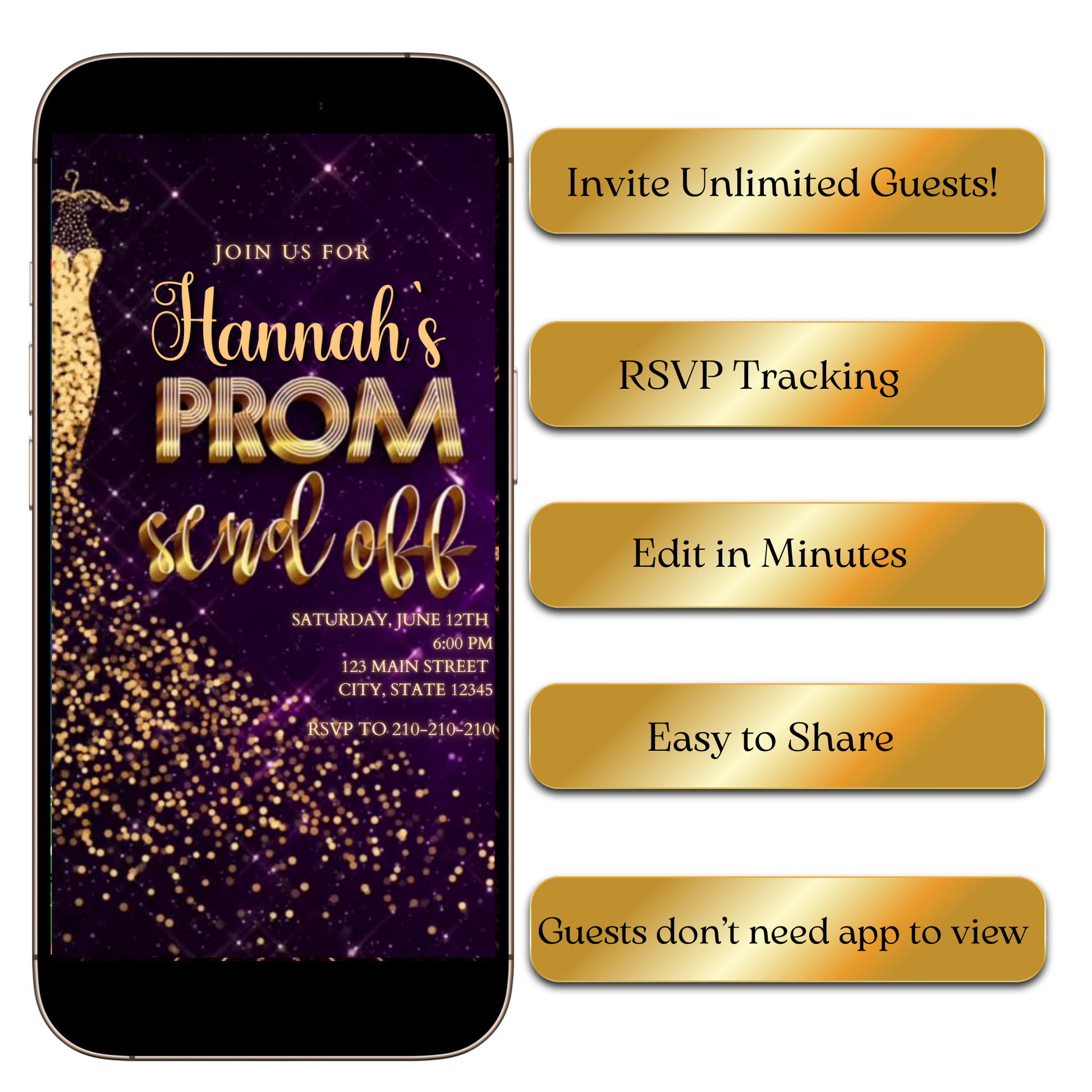 Gold sequin prom send off video invite editable
