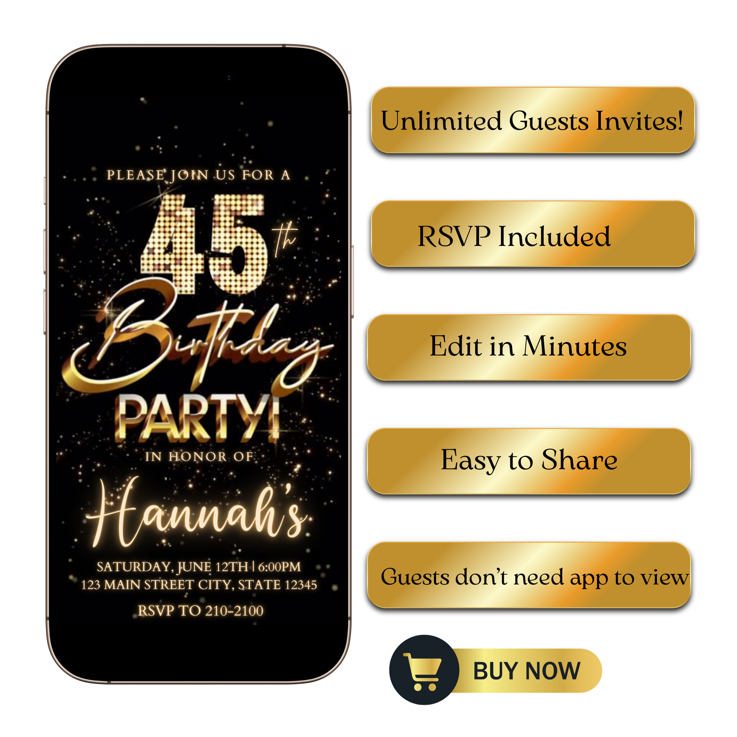 Editable gold fireworks 45th birthday party video invitation displayed on a mobile phone, featuring an animated vertical digital invite with music, created in Canva. This premium video invitation template is designed for sharing by text, email, and social media and works with an interactive RSVP website for easy guest response tracking.