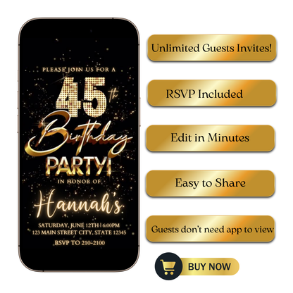 Editable gold fireworks 45th birthday party video invitation displayed on a mobile phone, featuring an animated vertical digital invite with music, created in Canva. This premium video invitation template is designed for sharing by text, email, and social media and works with an interactive RSVP website for easy guest response tracking.