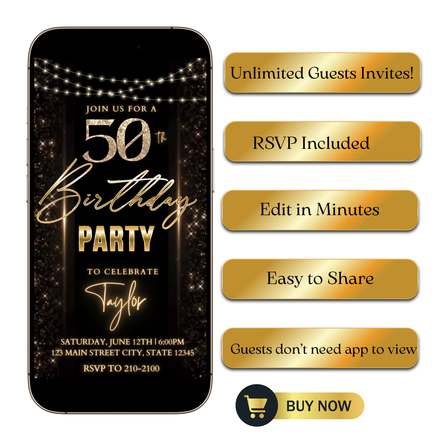 Editable blue gold modern 50th birthday video invitation displayed on a mobile phone, featuring an animated vertical digital invite with music, created in Canva. This premium video invitation template is designed for sharing by text, email, and social media and works with an interactive RSVP website for easy guest response tracking.