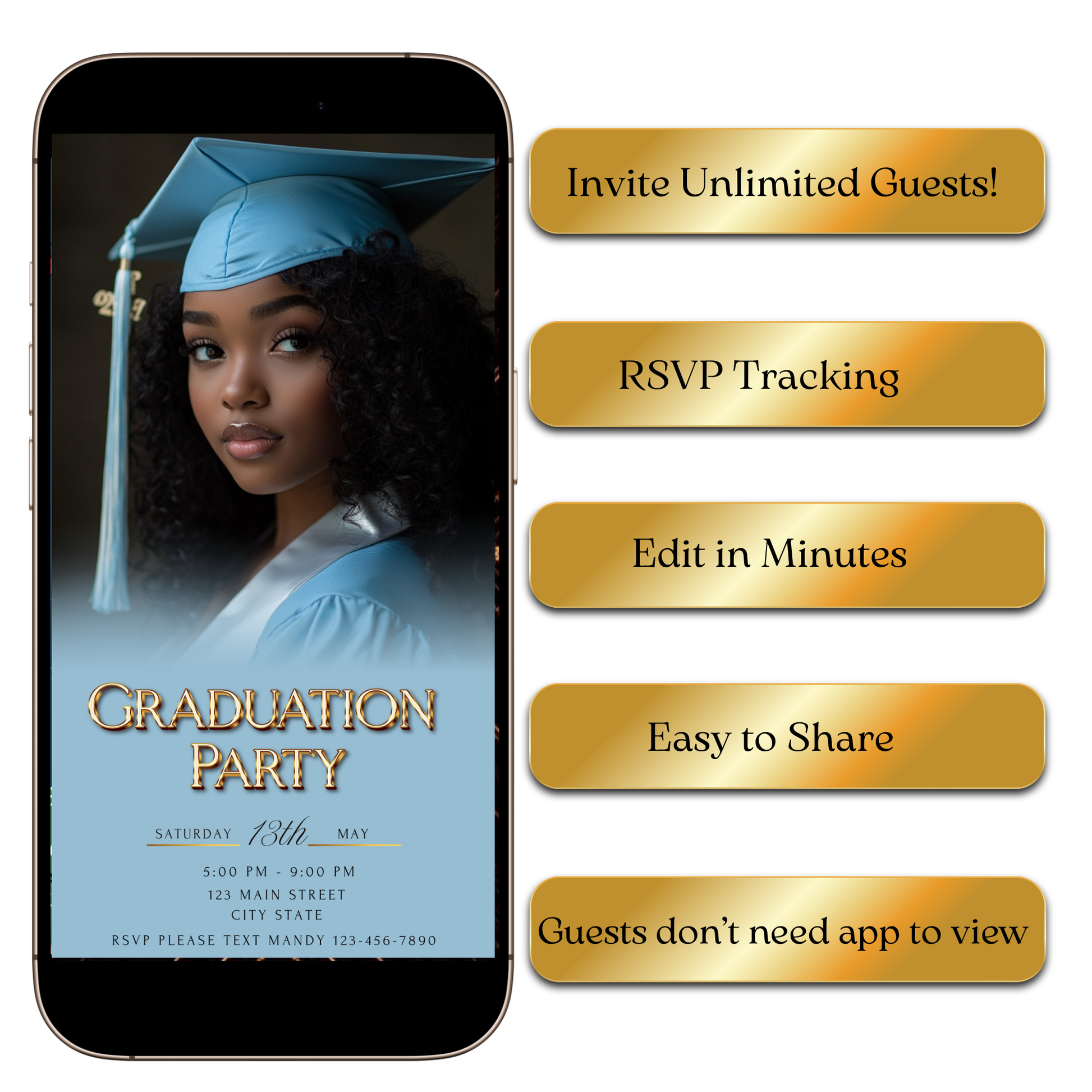Digital Modern Gold and Blue Graduation Party Video Invite – Senior Celebration MP4 Invite