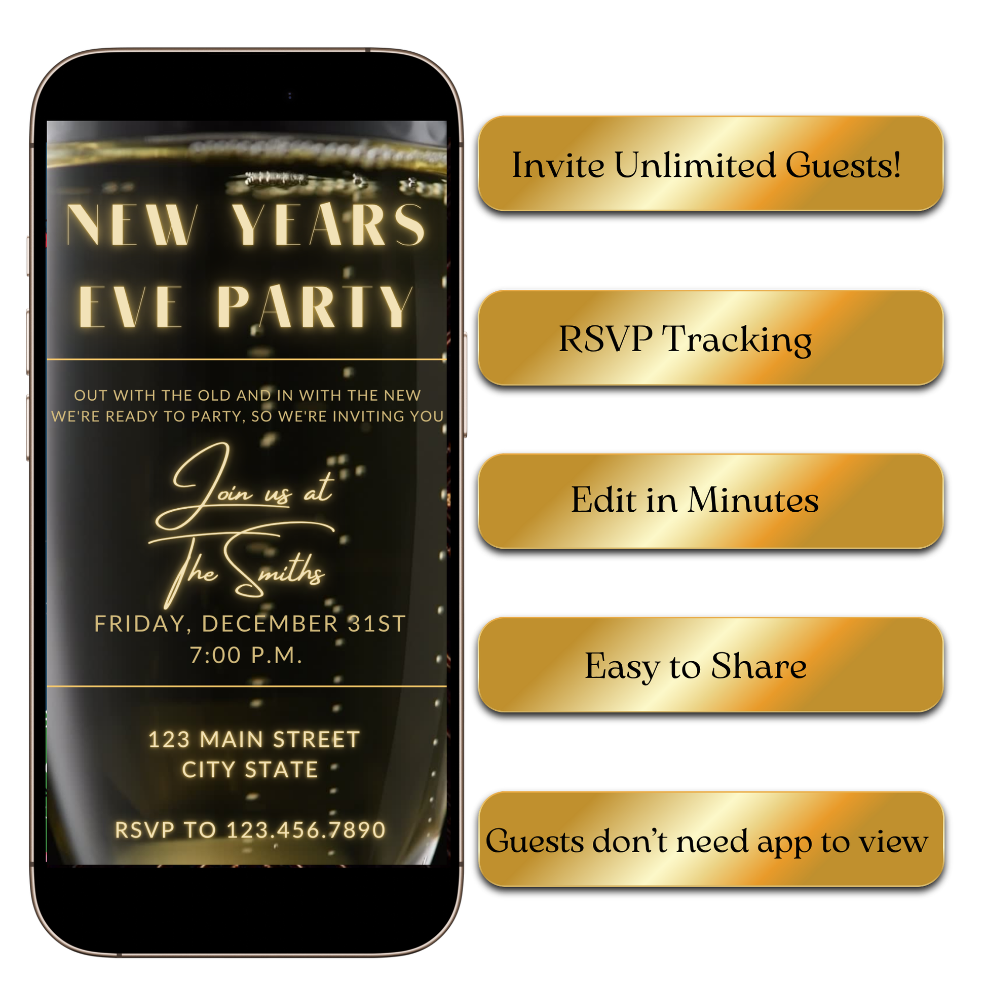 Editable champagne gold NYE video invite template online