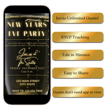 Editable champagne gold NYE video invite template online