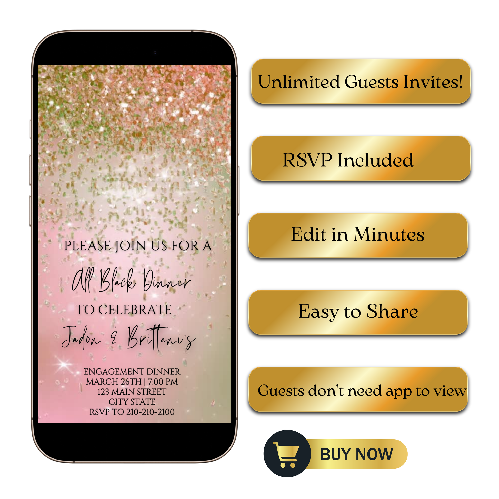 Editable pink gold watercolor glitter engagement dinner video invitation displayed on a mobile phone, featuring an animated vertical digital invite with music, created in Canva. This premium video invitation template is designed for sharing by text, email, and social media and works with an interactive RSVP website for easy guest response tracking.