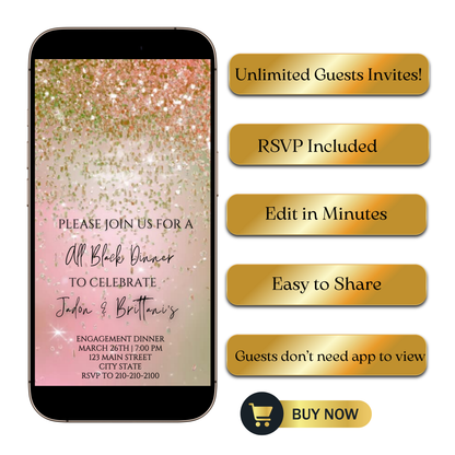 Editable pink gold watercolor glitter engagement dinner video invitation displayed on a mobile phone, featuring an animated vertical digital invite with music, created in Canva. This premium video invitation template is designed for sharing by text, email, and social media and works with an interactive RSVP website for easy guest response tracking.