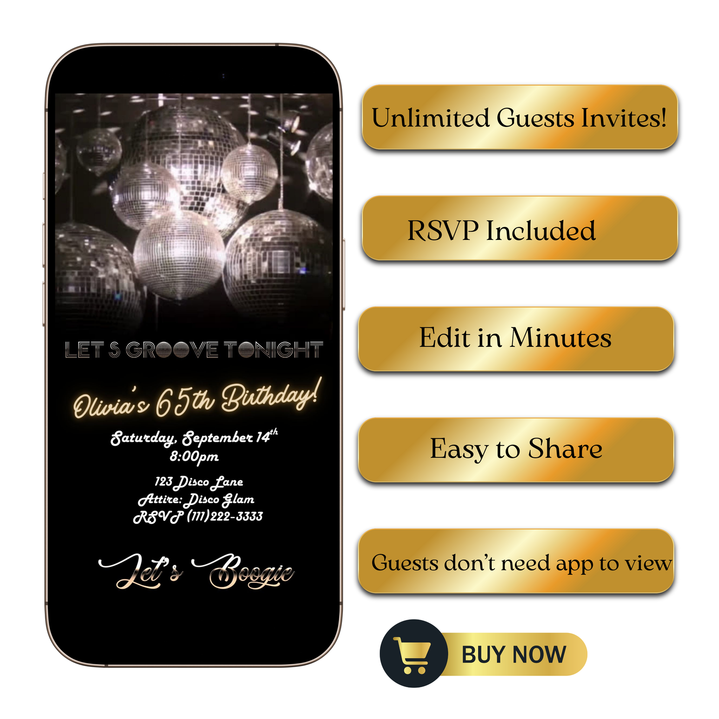 Editable silver disco 65th birthday video invitation displayed on a mobile phone, featuring an animated vertical digital invite with music, created in Canva. This premium video invitation template is designed for sharing by text, email, and social media and works with an interactive RSVP website for easy guest response tracking.