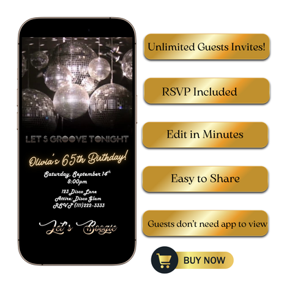 Editable silver disco 65th birthday video invitation displayed on a mobile phone, featuring an animated vertical digital invite with music, created in Canva. This premium video invitation template is designed for sharing by text, email, and social media and works with an interactive RSVP website for easy guest response tracking.