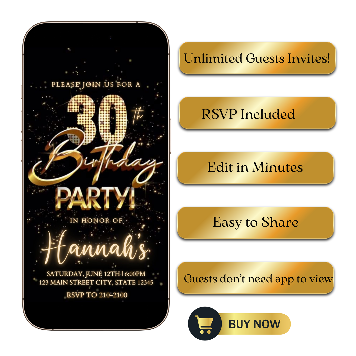Editable black gold fireworks 30th birthday video invitation displayed on a mobile phone, featuring an animated vertical digital invite with music, created in Canva. This premium video invitation template is designed for sharing by text, email, and social media and works with an interactive RSVP website for easy guest response tracking.