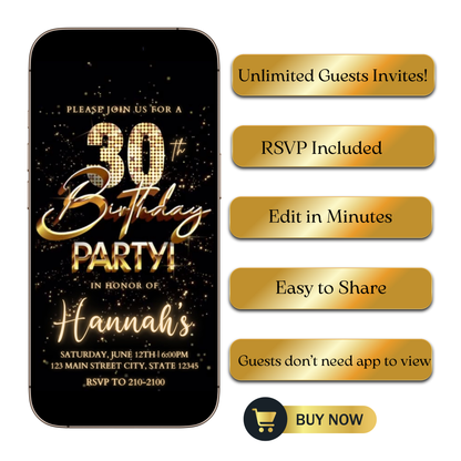 Editable black gold fireworks 30th birthday video invitation displayed on a mobile phone, featuring an animated vertical digital invite with music, created in Canva. This premium video invitation template is designed for sharing by text, email, and social media and works with an interactive RSVP website for easy guest response tracking.