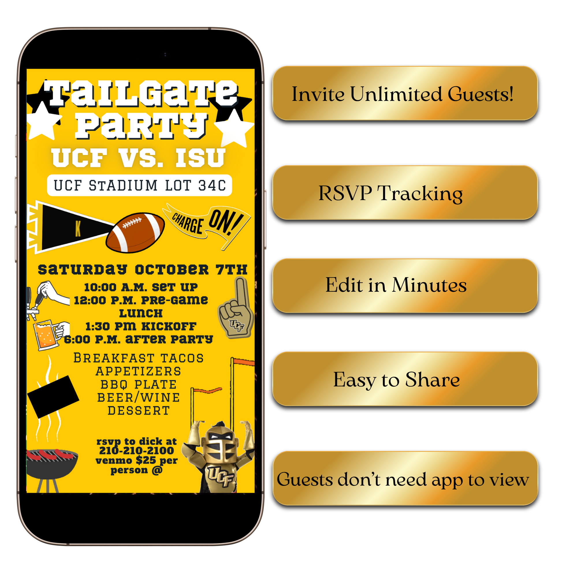 Yellow and black UCF football game day video invite
