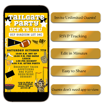 Yellow and black UCF football game day video invite