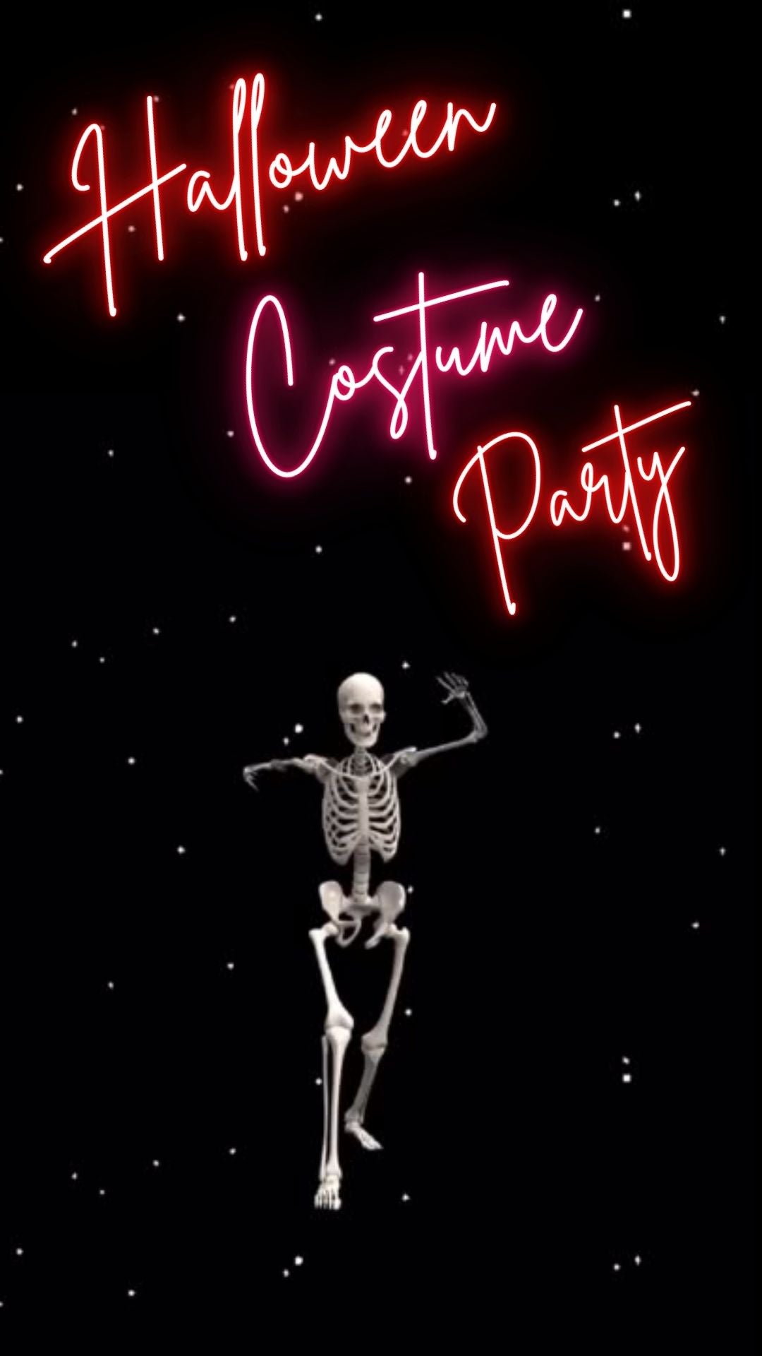 Editable neon skeleton halloween costume party party video invitation displayed on a mobile phone, featuring an animated vertical digital invite with music, created in Canva. This premium video invitation template is designed for sharing by text, email, and social media and works with an interactive RSVP website for easy guest response tracking.