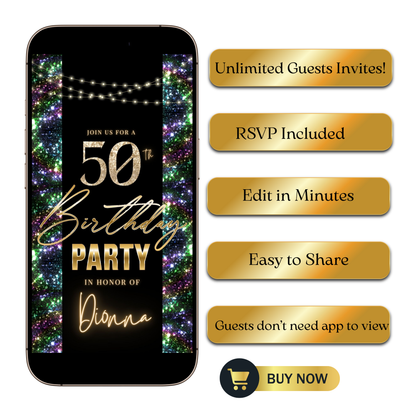 Editable nardo gras glitter 50th birthday video invitation displayed on a mobile phone, featuring an animated vertical digital invite with music, created in Canva. This premium video invitation template is designed for sharing by text, email, and social media and works with an interactive RSVP website for easy guest response tracking.