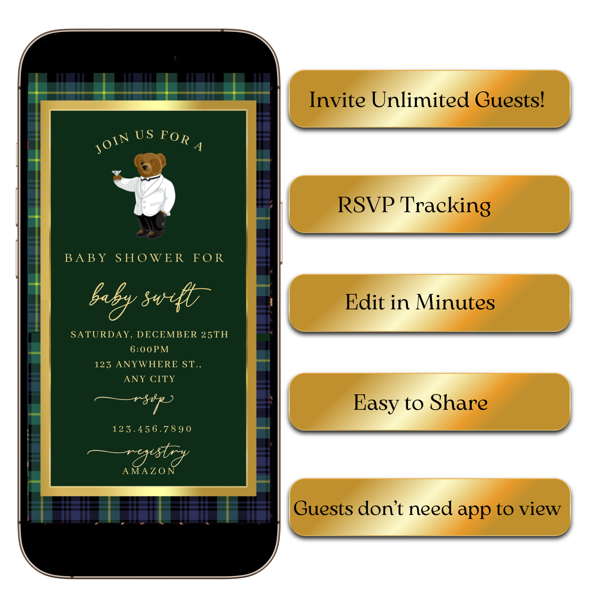 Editable tartan teddy baby video invite template online