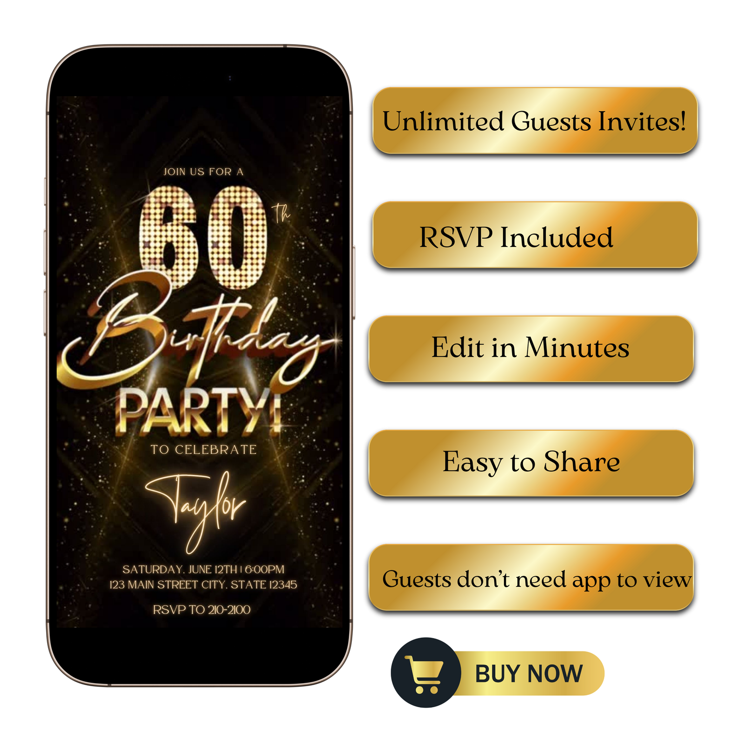 Editable gold glitter 60th birthday video invitation displayed on a mobile phone, featuring an animated vertical digital invite with music, created in Canva. This premium video invitation template is designed for sharing by text, email, and social media and works with an interactive RSVP website for easy guest response tracking.