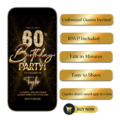 Editable gold glitter 60th birthday video invitation displayed on a mobile phone, featuring an animated vertical digital invite with music, created in Canva. This premium video invitation template is designed for sharing by text, email, and social media and works with an interactive RSVP website for easy guest response tracking.