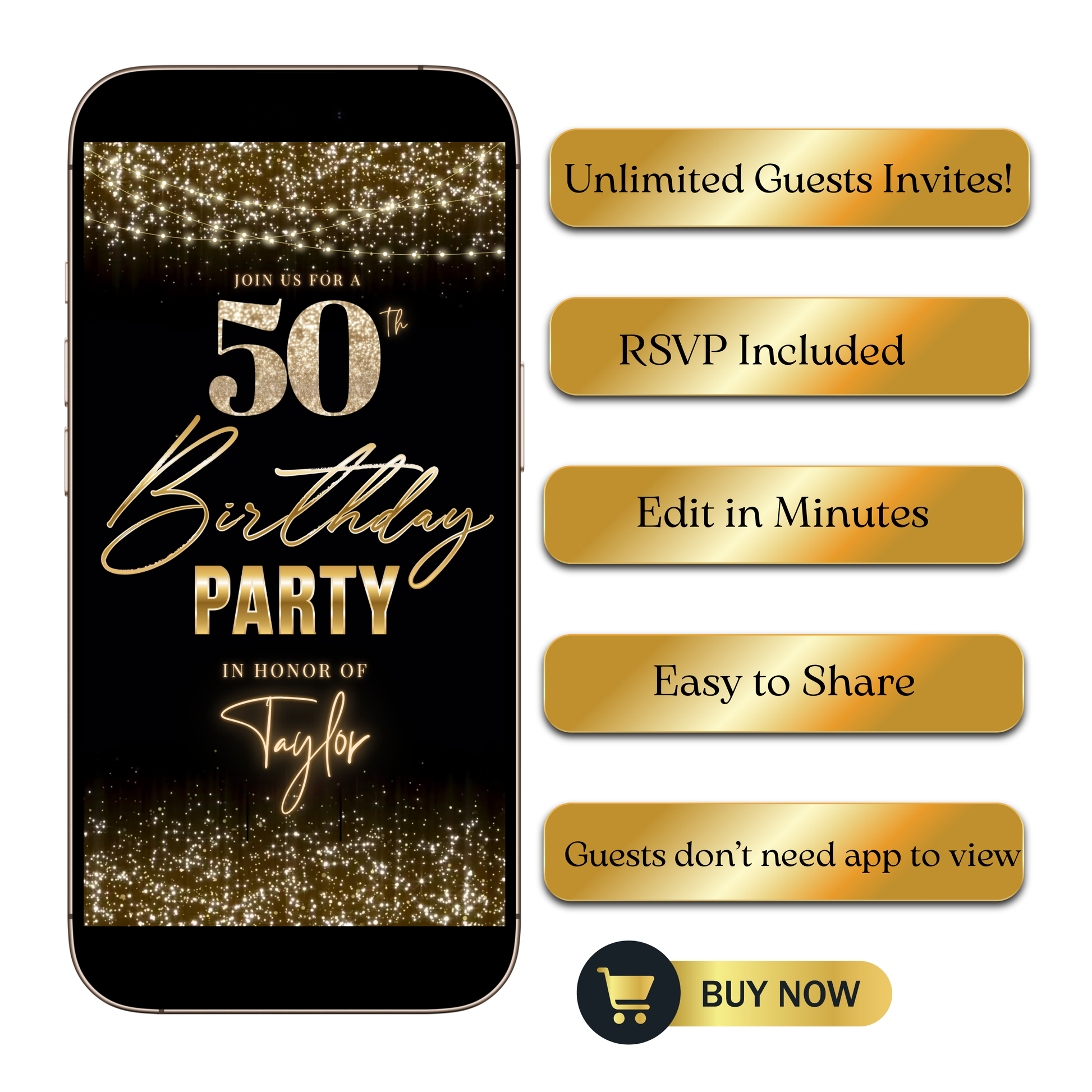 Editable black gold string lights 50th birthday video invitation displayed on a mobile phone, featuring an animated vertical digital invite with music, created in Canva. This premium video invitation template is designed for sharing by text, email, and social media and works with an interactive RSVP website for easy guest response tracking.