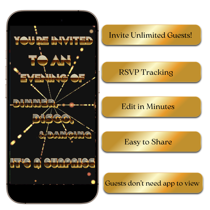 Disco Gold Deluxe video invite shared on social media feed
