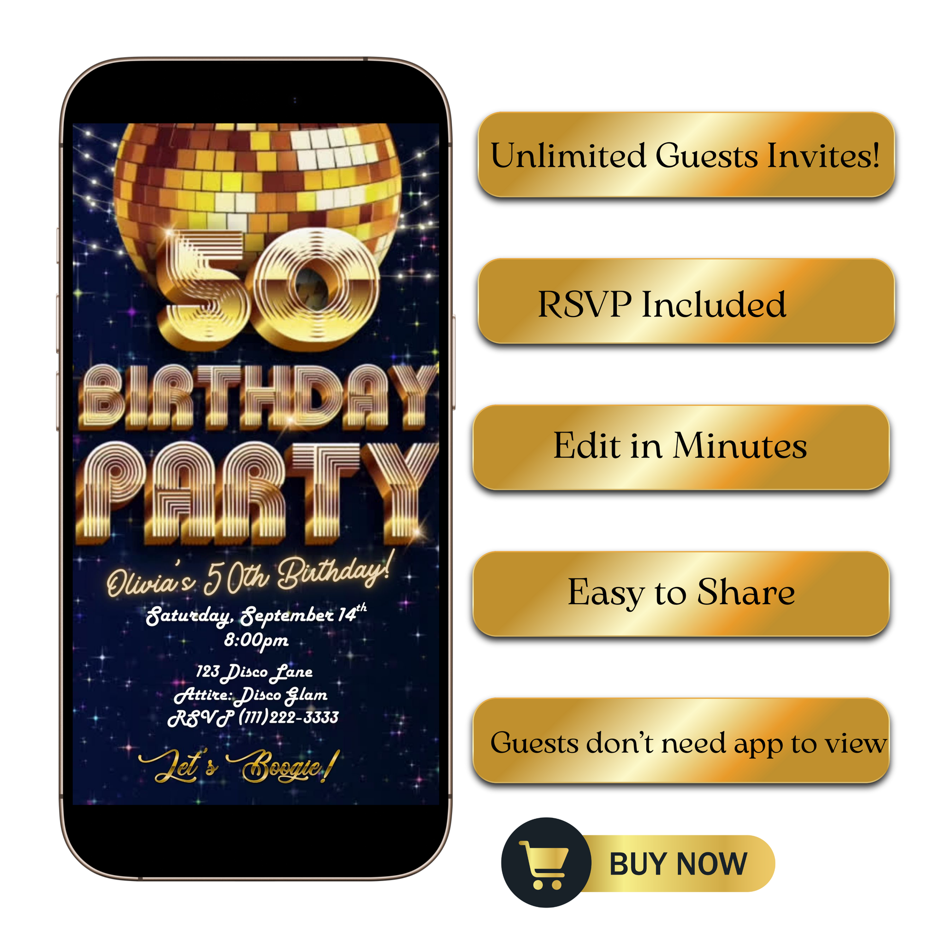 Editable gold disco 50th birthday video invitation displayed on a mobile phone, featuring an animated vertical digital invite with music, created in Canva. This premium video invitation template is designed for sharing by text, email, and social media and works with an interactive RSVP website for easy guest response tracking.