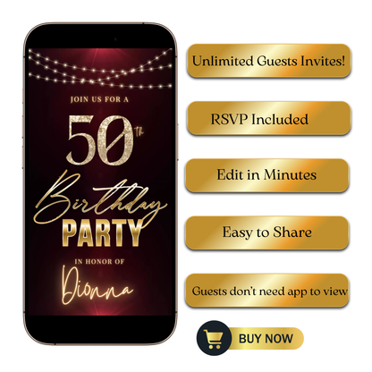Editable maroon glam 50th birthday party video invitation displayed on a mobile phone, featuring an animated vertical digital invite with music, created in Canva. This premium video invitation template is designed for sharing by text, email, and social media and works with an interactive RSVP website for easy guest response tracking.